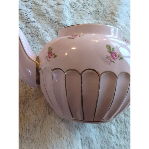 Vtg Sadler Pale Pink Chintz Teapot Roses Gold Trim Round Top Made in England 9x5 - Picture 4 of 16